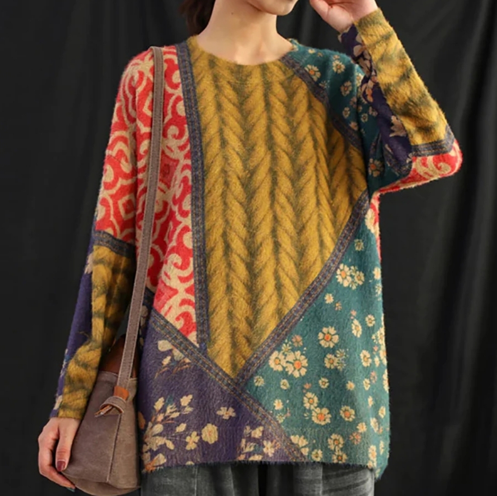 Retro Floral Spliced Soft Sweater 2X Colorblock NWOT